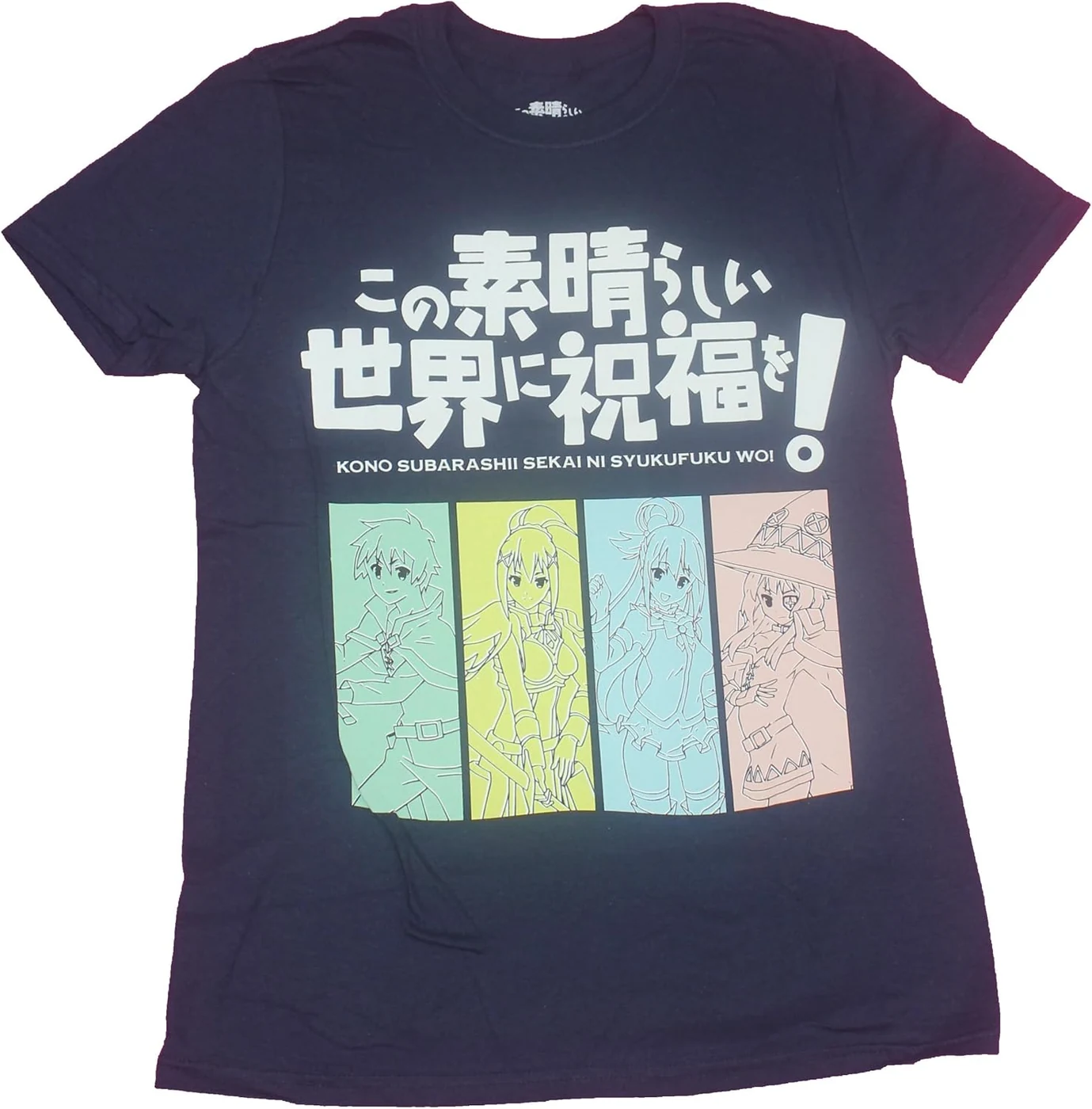 Konosuba Mens T-Shirt- 4 Pastel Girls Under Kanji Logo Image