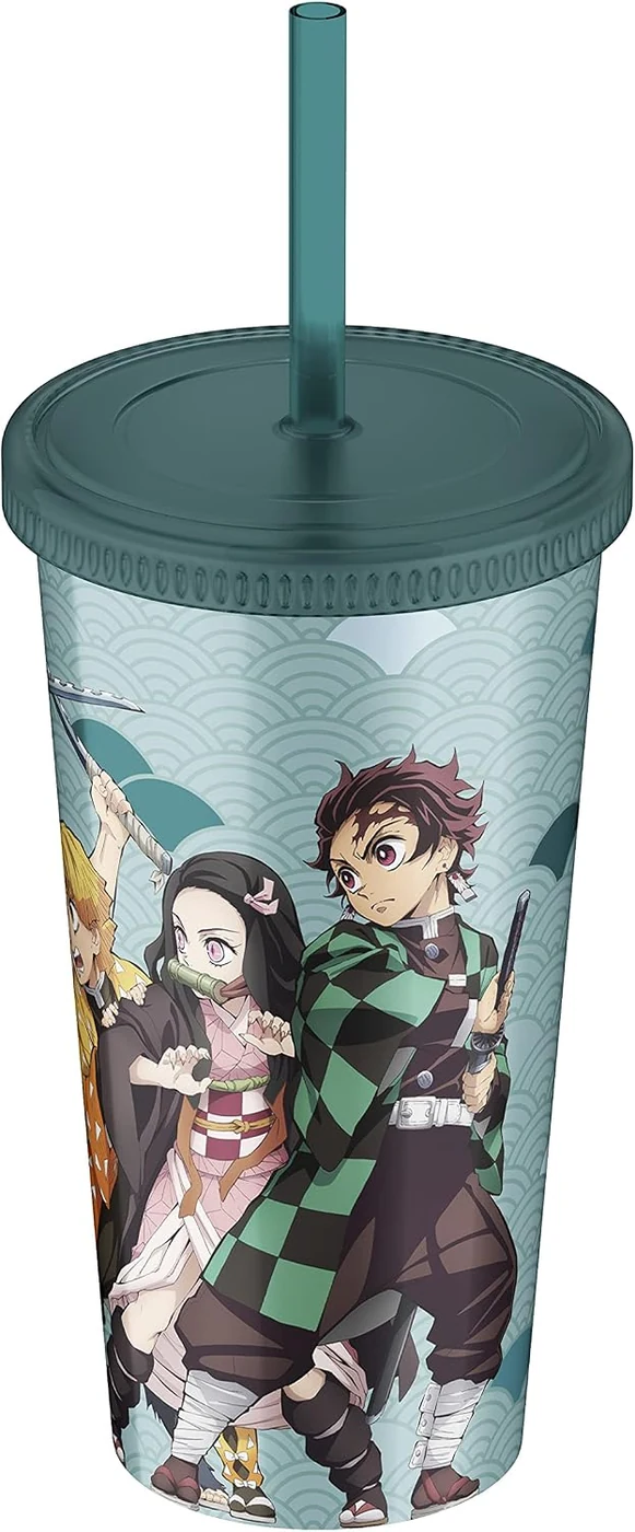 ABYSTYLE Demon Slayer 16 Oz. Plastic Acrylic Tumbler Carnival Cup With Reusable Straw & Leakproof Lid BPA-Free Featuring Inosuke, Zenitsu, Nezuko & Tanjiro Anime Manga Drinkware Gift