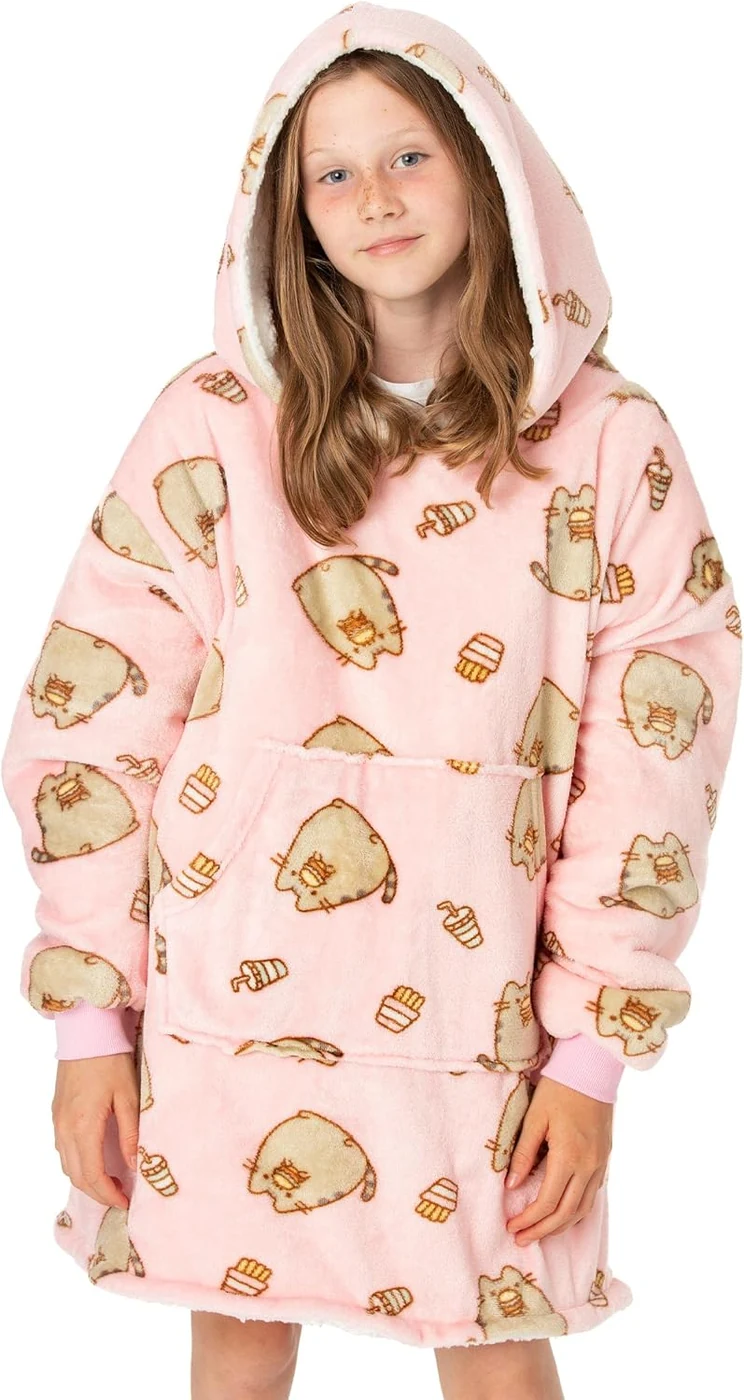 Pusheen Oversized Wearable Blanket Hoodie Girls Tabby Cat Snacks Fluffy Sherpa Fleece Pullover Vuddie
