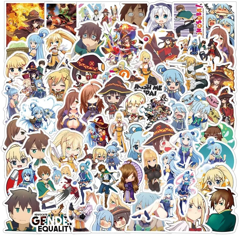63Pcs KonoSuba Anime Stickers Pack, Manga Poster Cartoon Vinyl Waterproof Decals for Water Bottle,Laptop,Phone,Skateboard,Scrapbooking,Journaling Choice for Party Favor Supply
