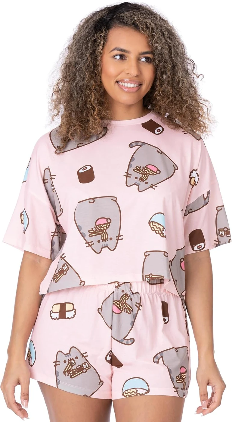 Pusheen Womens Pajama Set | Ladies Cropped T-Shirt & Shorts Complete Pjs Bundle | Pastel Pink Cartoon Cat Eating Sushi