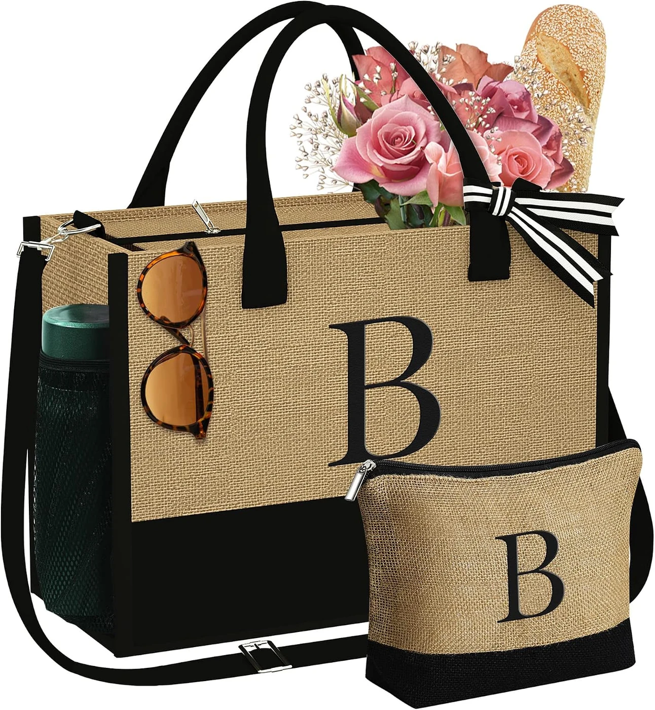 YOOLIFE Personalized Gifts for Women, Initial Jute Tote Bag & Makeup Bag