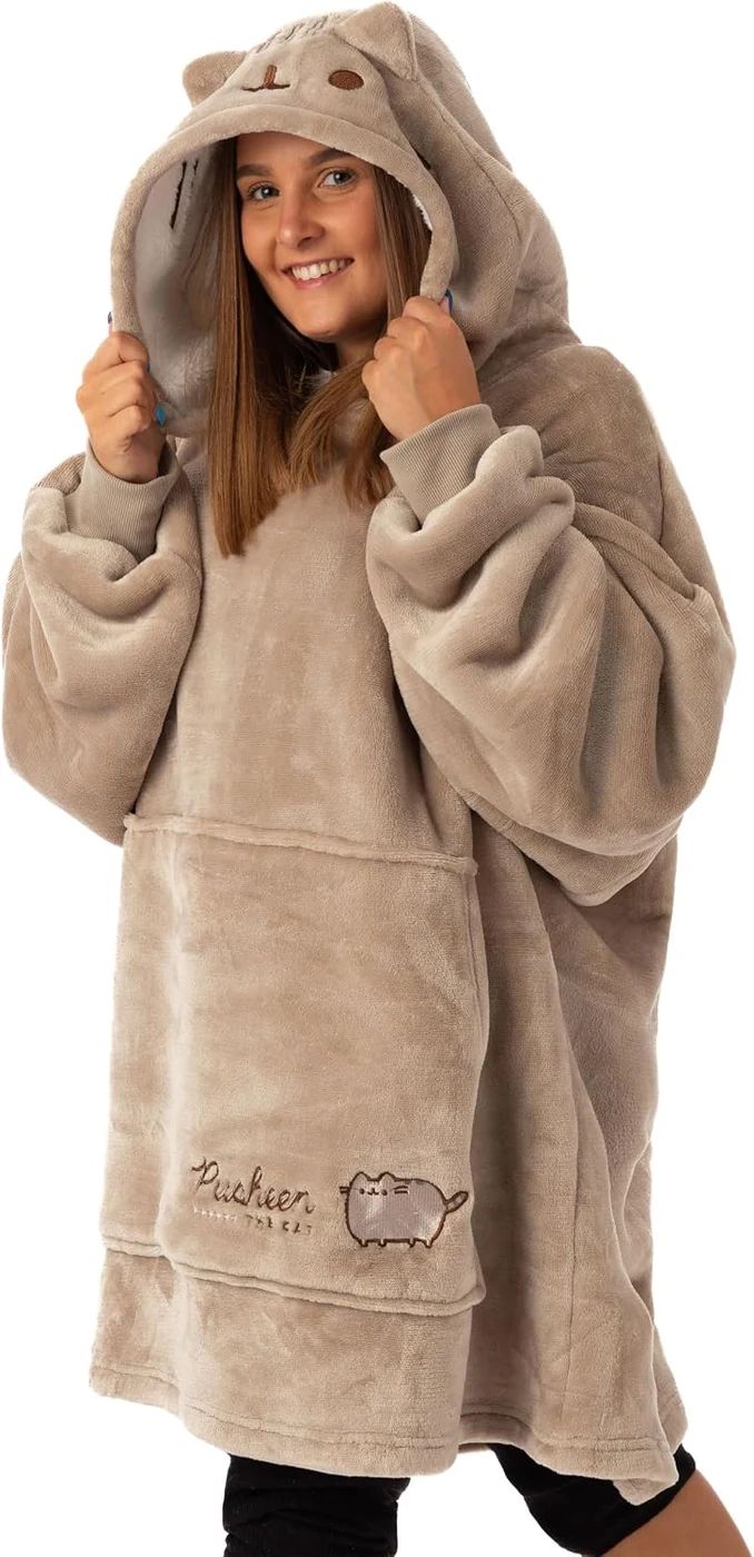 Pusheen Womens Wearable Hooded Blanket | Ladies Embroidered Cat Fleece Hoodie in Brown | Cozy Pullover Loungewear
