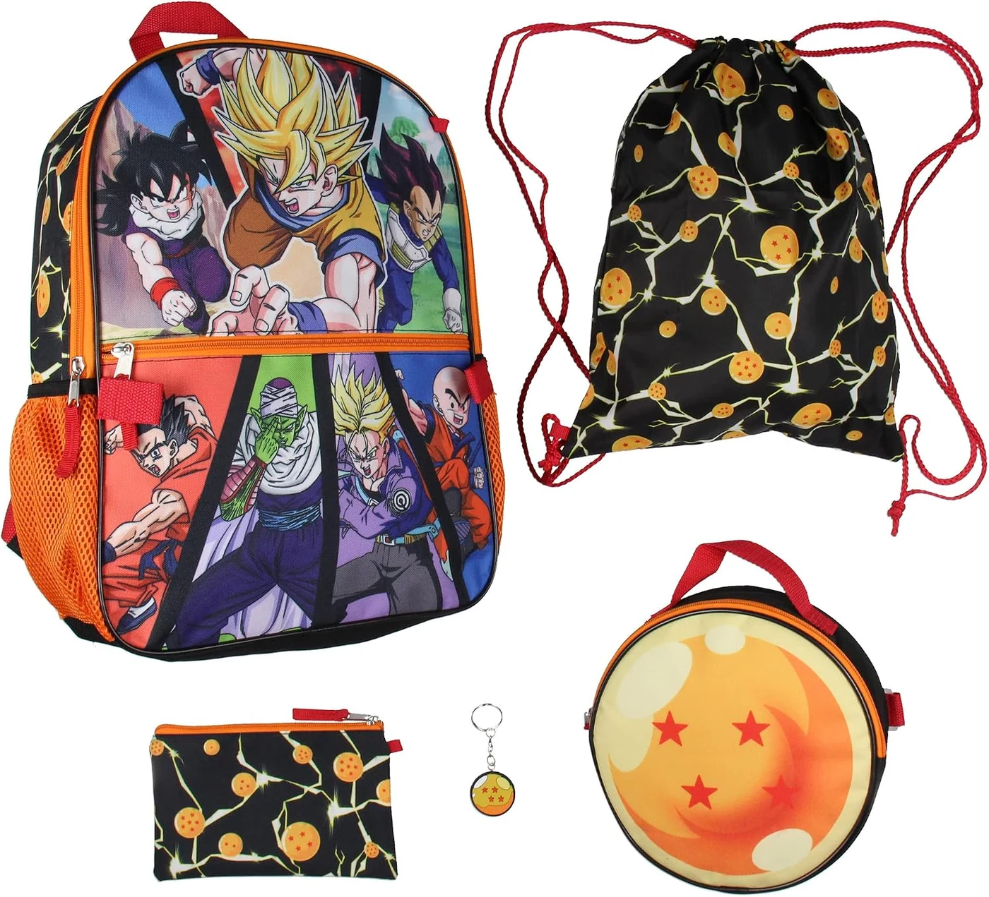 Bioworld Dragon Ball Z Backpack Lunch Box Drawstring Bag Keychain Pencil Case 5 Pc Set 16"