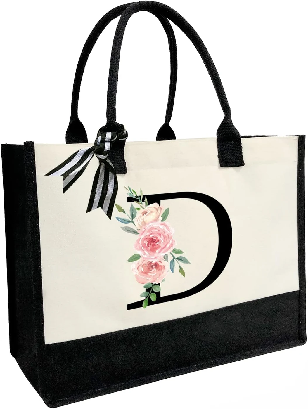 Initial Canvas Beach Tote Bag with Printed letter,Personalized Gifts for Women,Mom,Friends,Teachers and Bridesmaids