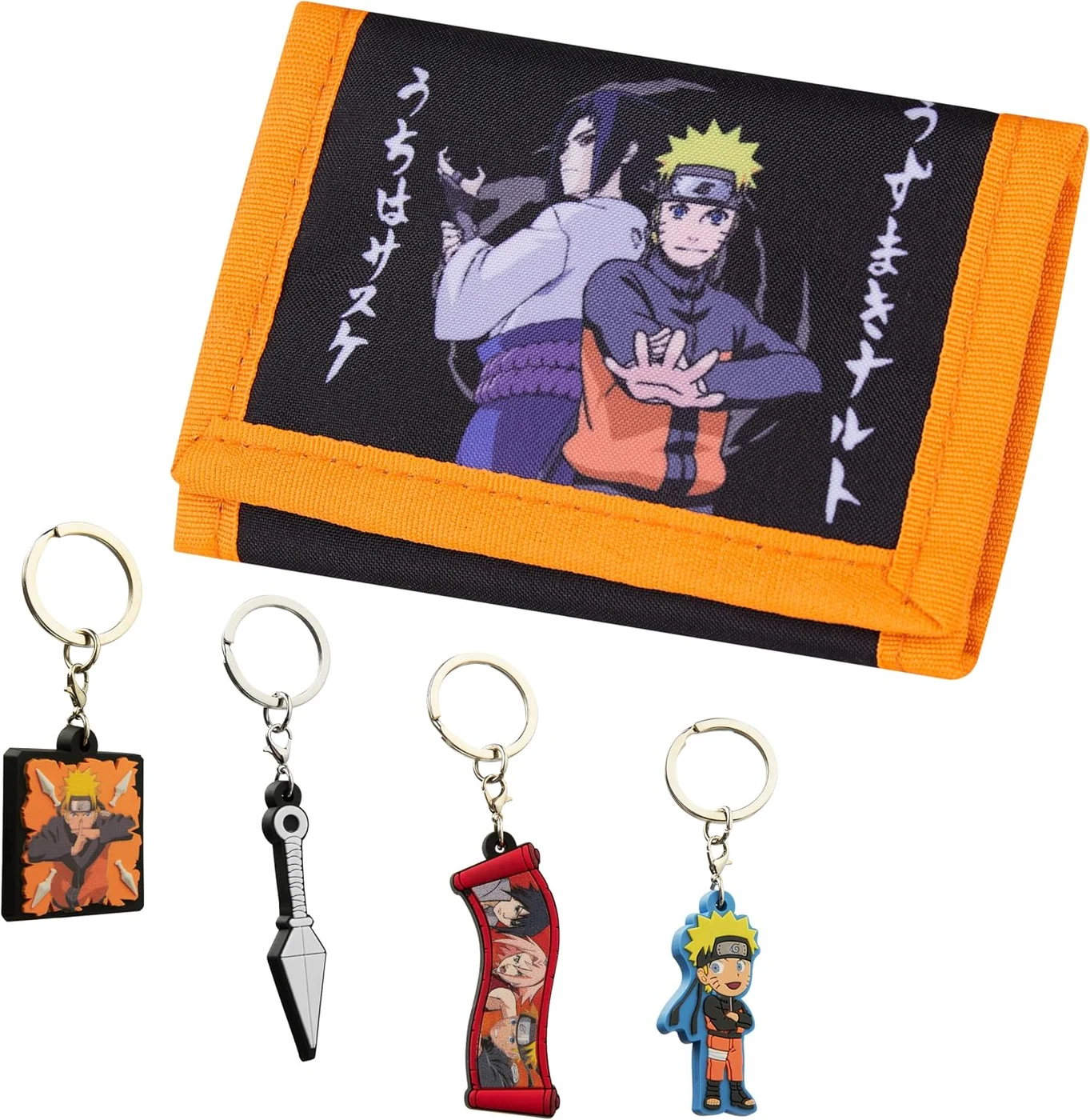 Naruto Wallet and 4 Keyrings or 6 Keychain Set for Boys Girls Trifold Wallet Zippered Coin Pocket Anime Gift for Kids (Multi Wallet/Keyrings)