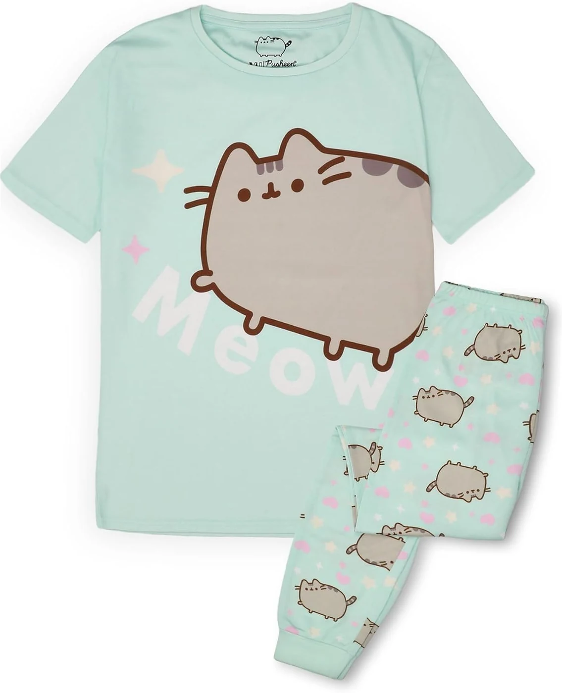 Pusheen Girls Pajama Set | Young Ladies Green Loungewear Short Sleeve T-Shirt & All Over Print Long Leg Pants Complete PJs
