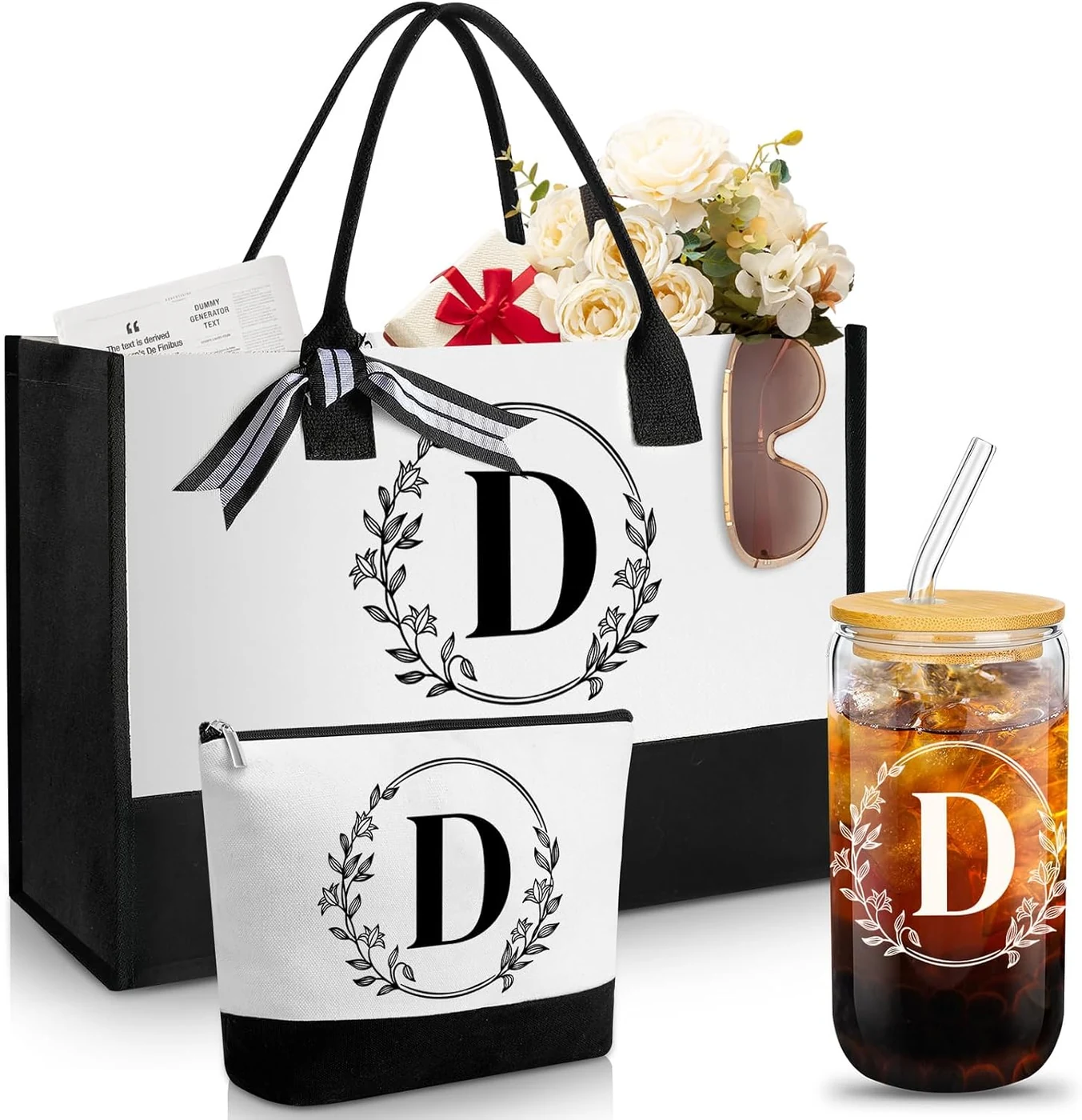 Aliceset 3 Pcs Initial Tote Bag Gifts for Mom Women, Letter D