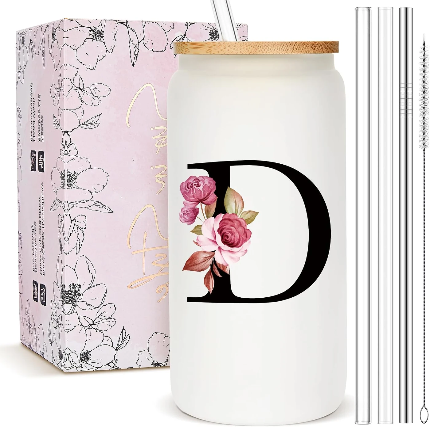 Personalized Gifts for Women, Monogrammed Frosted Glass Tumbler with Straw and Lid, Cute Customized Mug, Custom Initial Iced Coffee Glasses, Customizable Drinking Cup, Birthday Teacher Woman, D