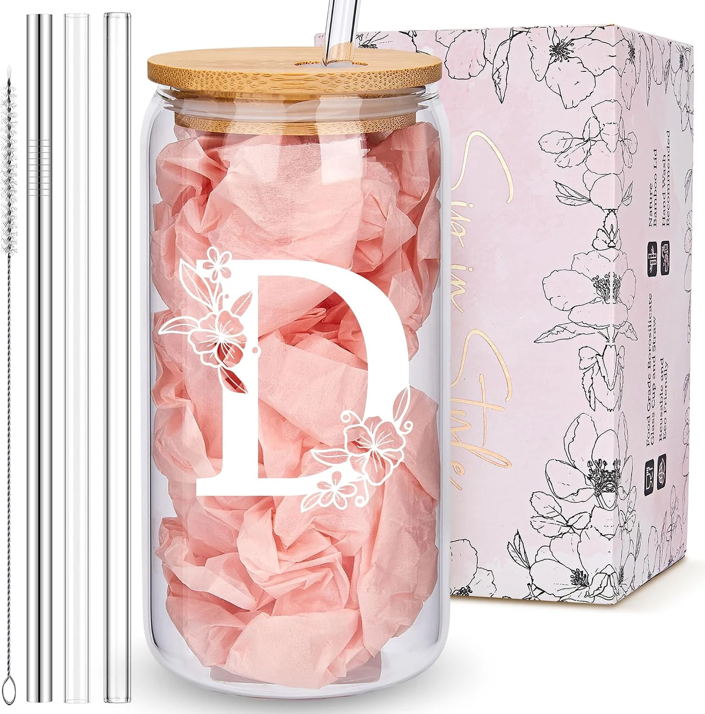 Personalized Tumbler, Monogrammed Can Glass Cups with Bamboo Lids and Straws, Customized Gifts for Women, Cute Design Initial Iced Coffee glasses, Custom Letter Mug, Birthday Bridesmaid, D