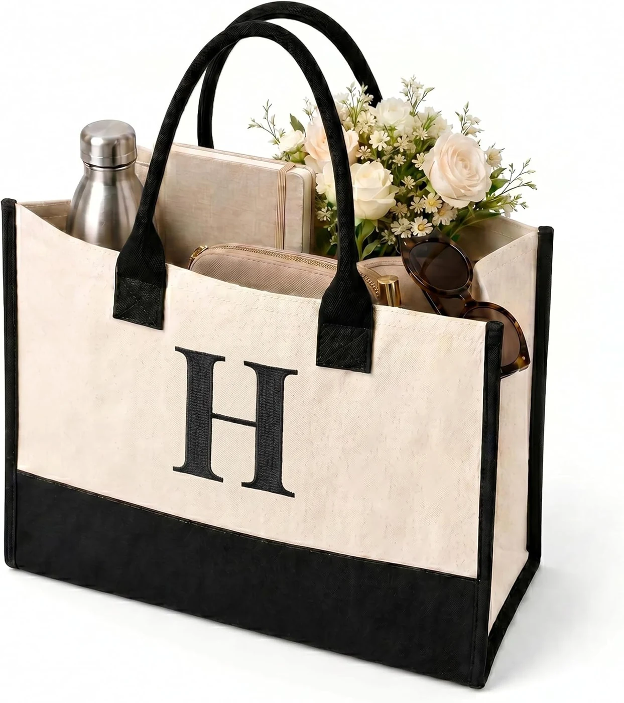 Salt Earth Canvas Tote Bag for Women, Personalized Initial Monogram Tote, Beach Grocery Utility Tote for Travel & Work