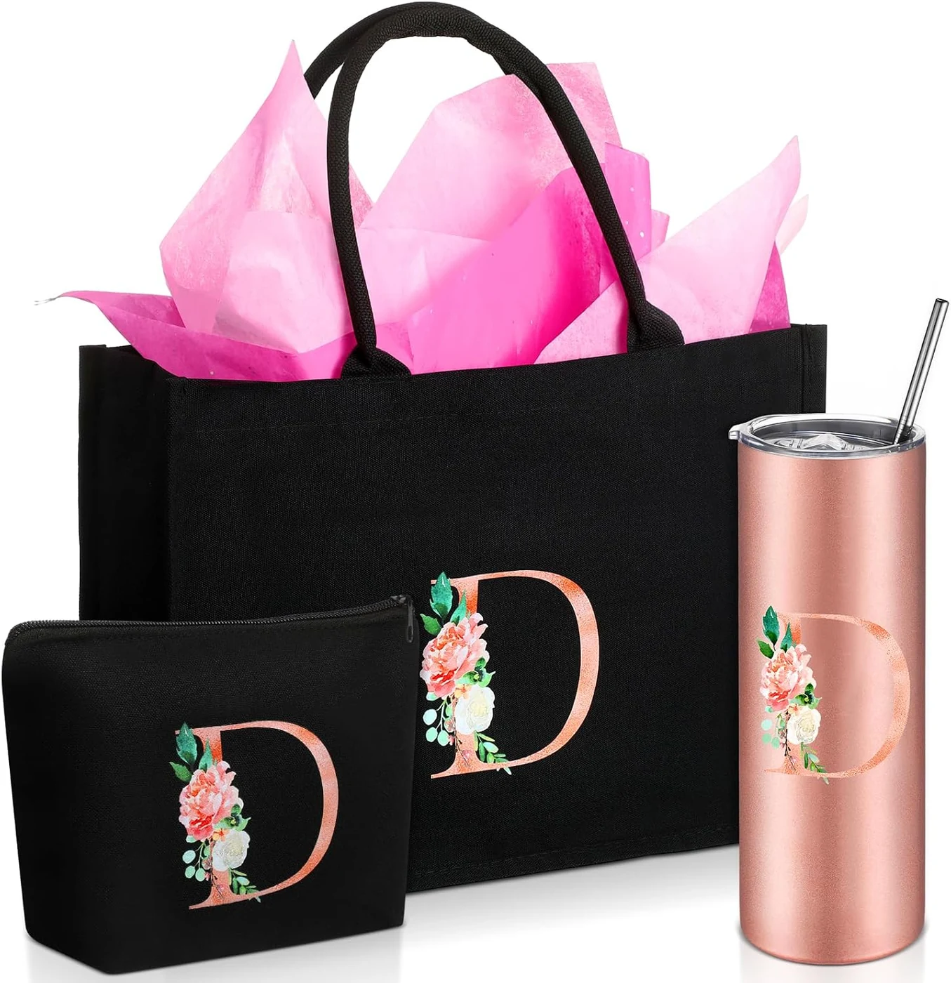 Huhumy Initial Canvas Tote Bag for Women Initial Gifts Makeup Bag Personalized Monogram Tumbler Mother Day Teacher Gifts