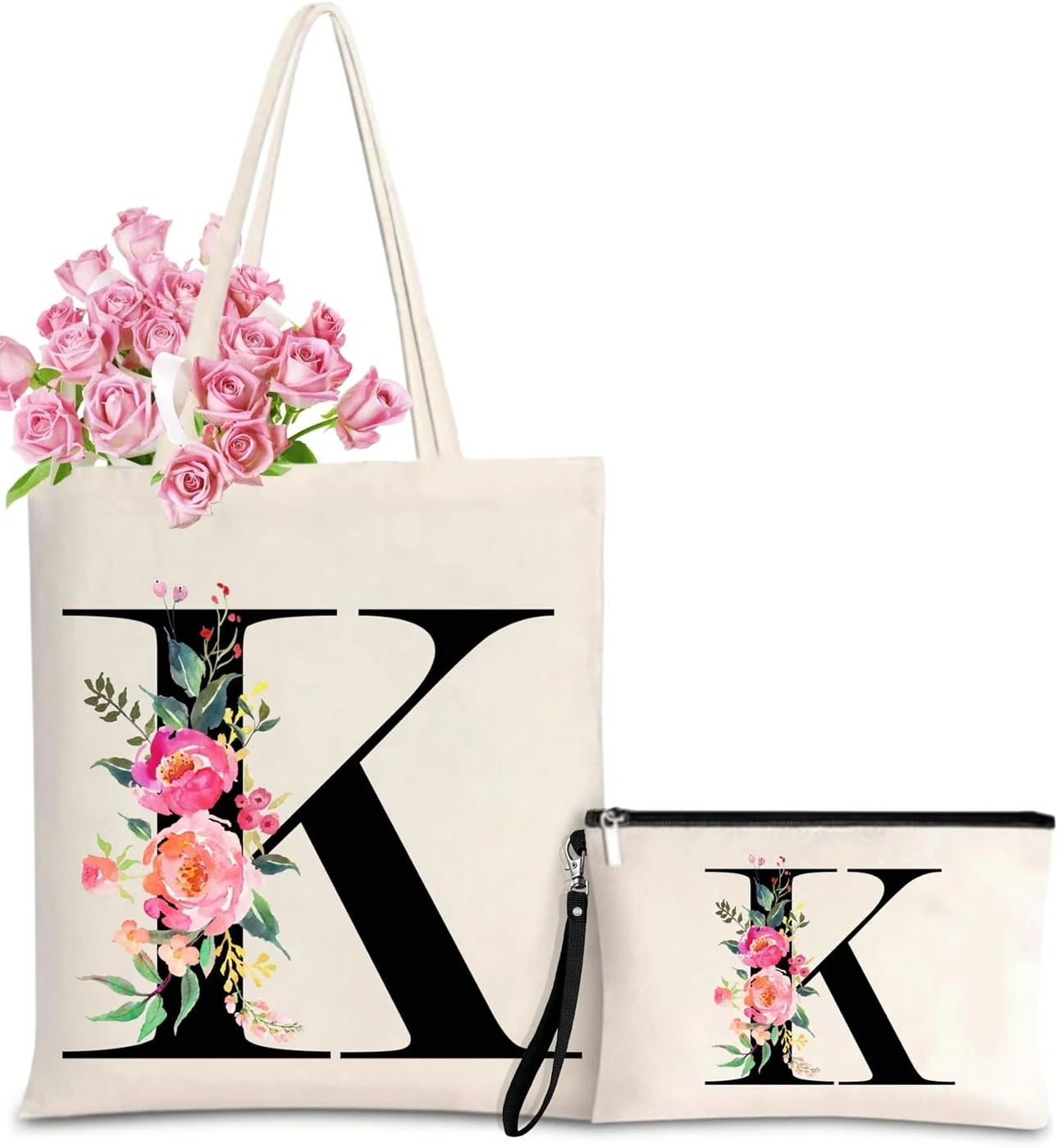 Initial Canvas Tote Bag for Women, Personalized Monogrammed Tote Bags with Makeup Gift Bag for Wedding Bridesmaids Birthday