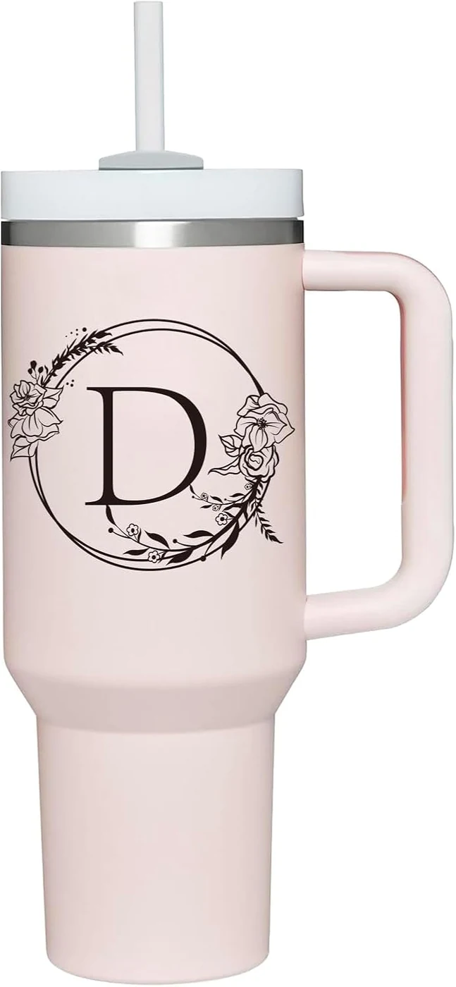 AMZUShome Personalized 40oz Tumbler Cup with Initials.Cup with Letter D 40oz Tumbler with Handle.Custom Tumbler Cup with Letter.Initial Monogram Tumbler Mug Gifts for Women Birthday Christmas.