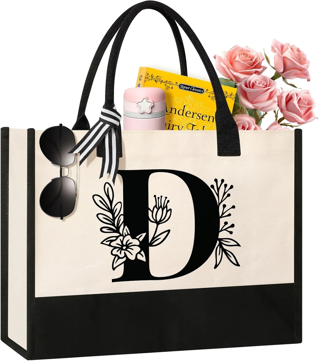 Tecanne Personalized Initial Canvas Tote Bag, Suitable for Birthday, Wedding, Beach, Holiday, Gifts for Women, Mom, Teachers, Nurses, Best Friends, Bridesmaids (D)