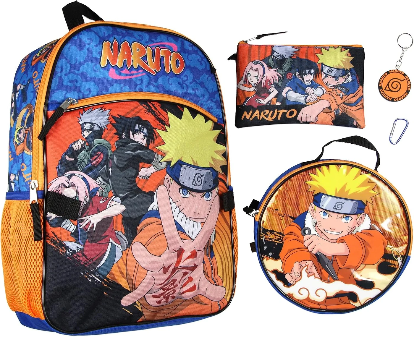 Bioworld Naruto Anime Character Group 16" Youth 5-Piece Backpack Set For School Or Travel With Lunch Tote Pencil Case Rubber Keychain Zipper Pull Carabiner