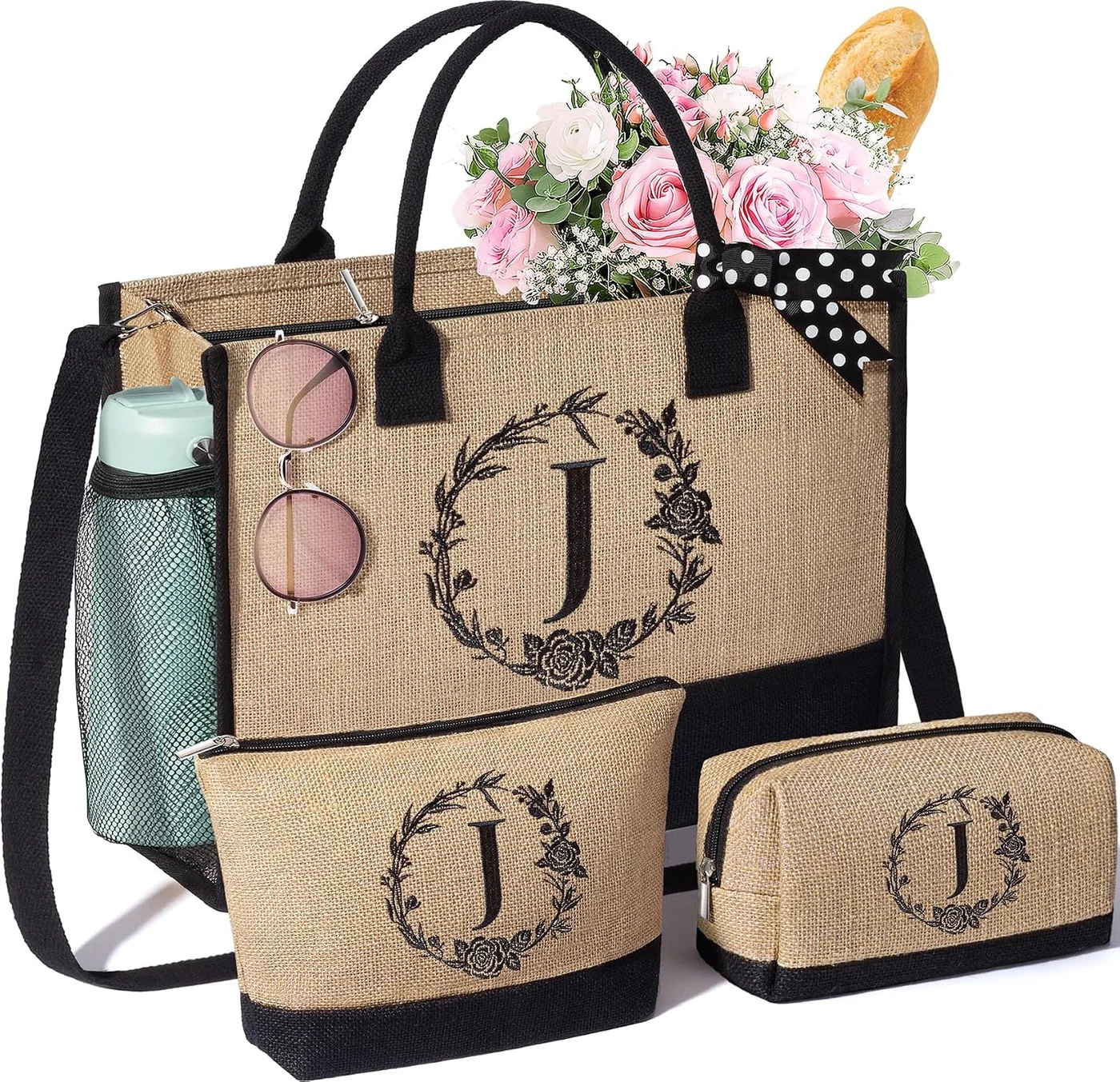 Personalized Birthday Gifts for Women, Monogrammed Initial Jute Tote Bags