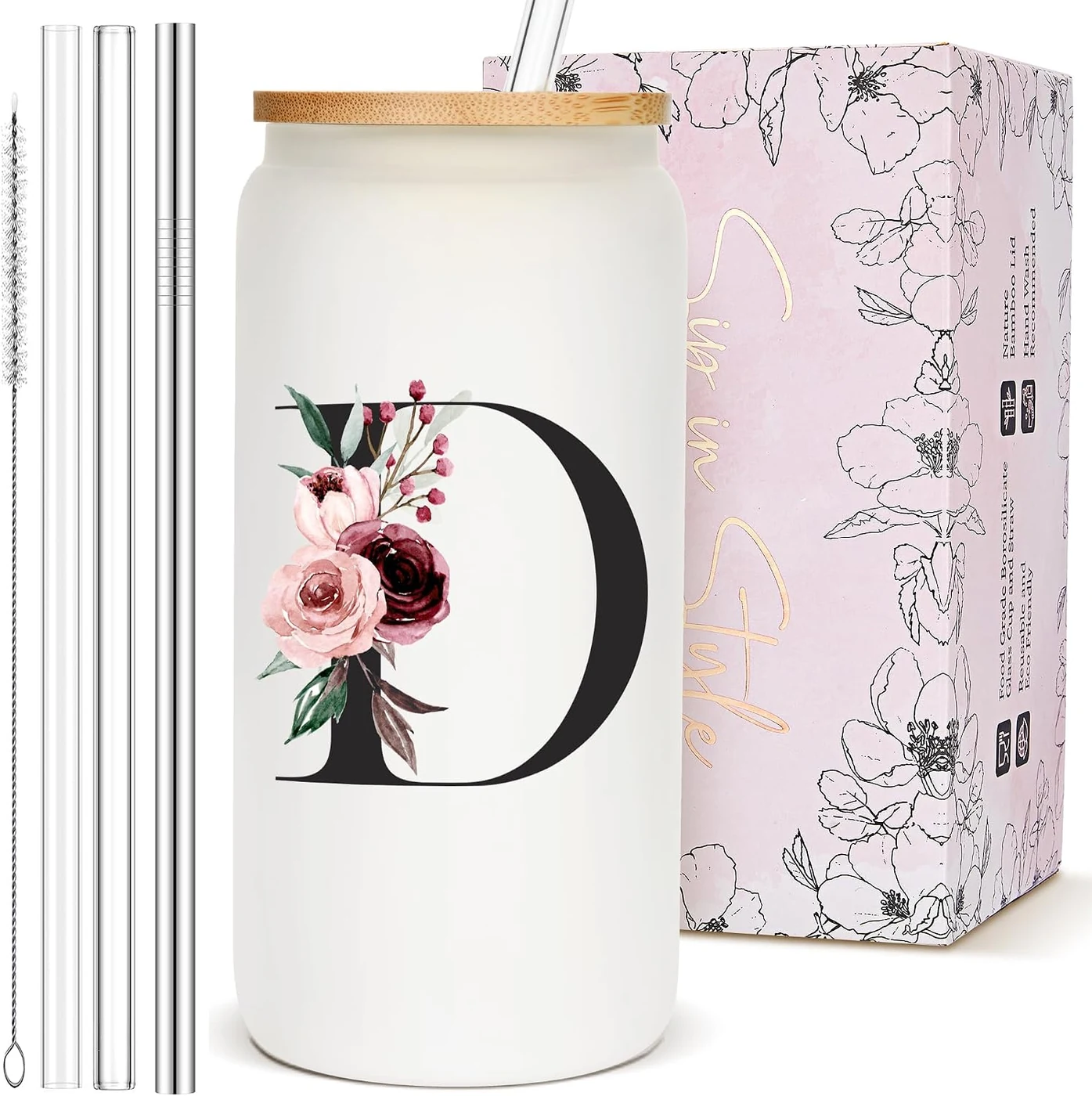 Monogrammed Personalized Customized Gifts for Women, Cute Glass Cups with Lids and Straws, Custom Letter Mug Tumbler, Initial Iced Coffee Cup Drinking Glasses, Cool Coffee Lover Gifts for Women, D