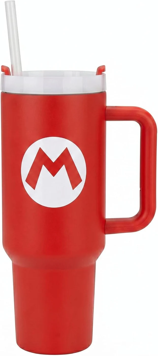 Nintendo: Super Mario: Mario Icon - 40 oz Tumbler - Red, Stainless Steel, Straw & Lid, Grip Handle, Hot & Cold Drinks, Licensed Insulated Travel Cup