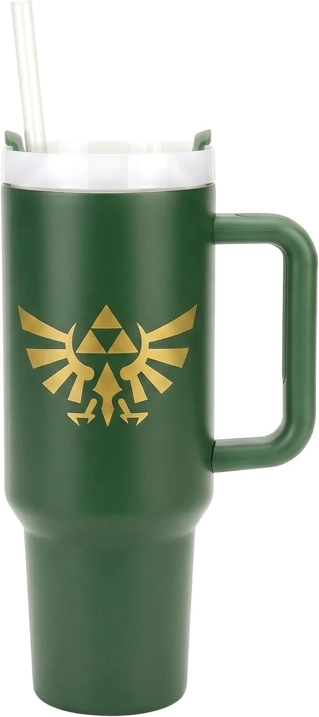Nintendo: The Legend of Zelda: Hyrule Crest - 40 oz Tumbler - Green, Stainless Steel, Straw-Lid-Handle, Hot-Cold Drinks, Licensed Insulated Travel Cup