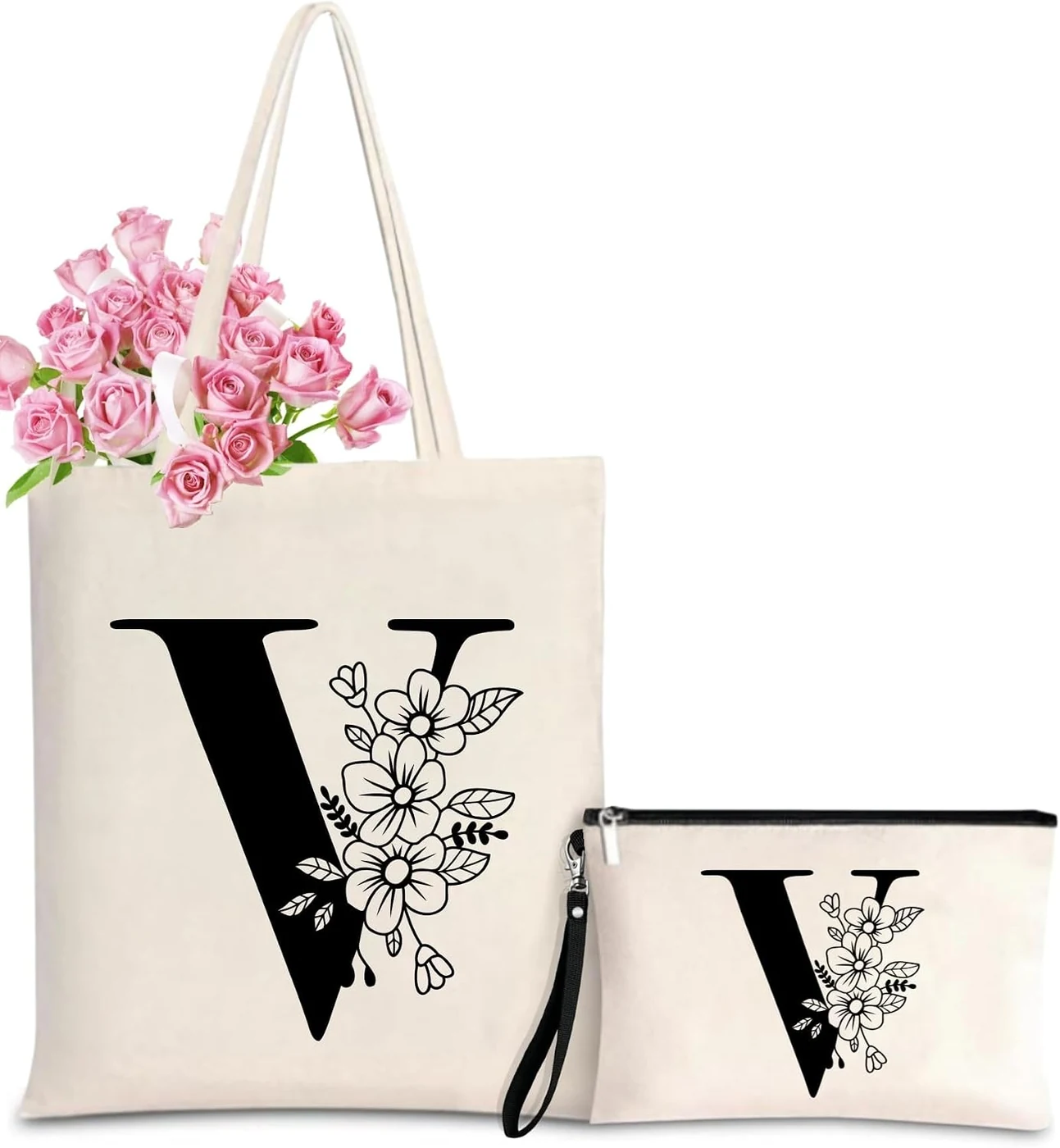 Personalized Initial Tote Bag for Women - Monogrammed Bags with Makeup Gift Bag for Wedding, Birthday, Teacher