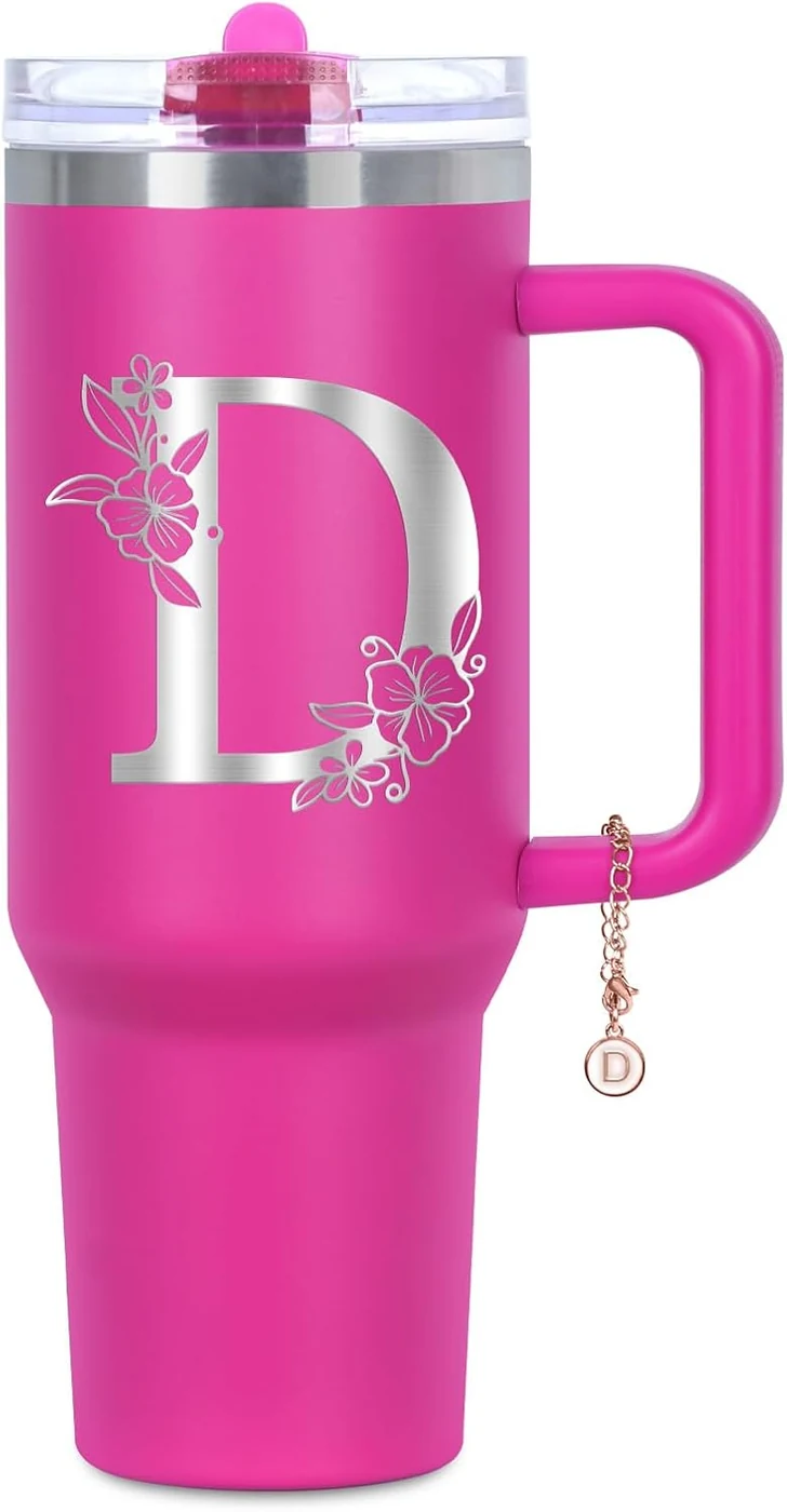 Personalized 40 oz Monogrammed Tumbler with Handle & Flip Straw, 100% Leak Proof stainless steel Insulated Tumbler, Customized Initial Funny Gifts for Women Mom Sisters Coworker, D
