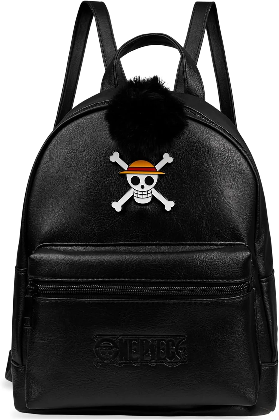 One Piece Mini Backpack for Women Teens Faux Leather Daypack, Small Rucksack, Anime Shoulder Bag with Pom Pom, Travel Gifts for Women