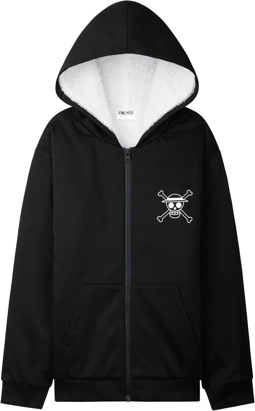 One Piece Hoodie for Boys, Teens, 9-16 Years, Fleece Sweatshirt, Sherpa Hooded Jacket, Zip Up Hoodie, Anime Gifts for Boys