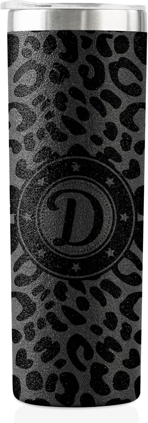 Onebttl Personalized Leopard Cup with Initial - Unique Cool Gifts for Women Who Have Everything on Birthday, Christmas - 20 oz Double-Wall Vacuum Tumbler with Lid and Straw - Black Glitter - Letter D