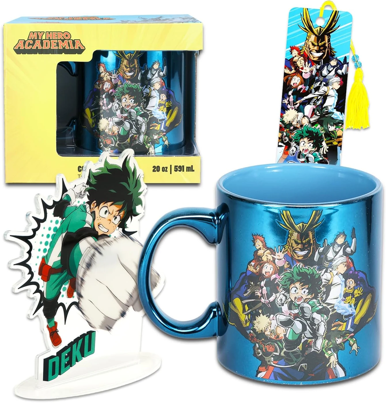 My Hero Academia Mug Gift Set - Bundle with 20 Oz Ceramic Coffee Cup with Handle Plus Deku Figure Stand, Bookmark for Kids, Teens, Adults Home Decor Set for Adults