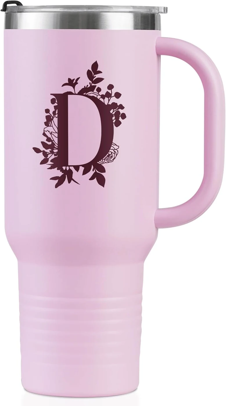 Onebttl Personalized 40 oz Tumbler with Handle and Straw for Women, Monogrammed Gifts for Her on Birthdays, Christmas, Pink Initial Mug, D