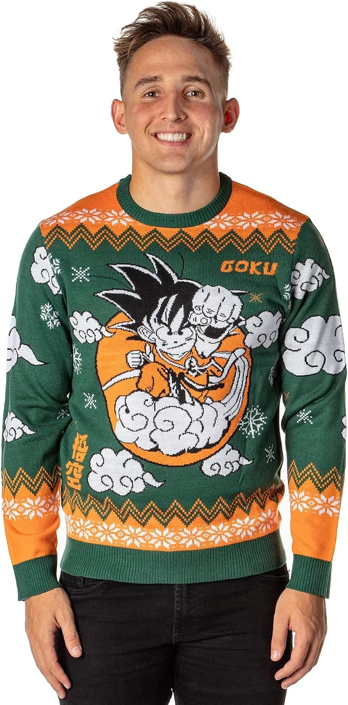 Dragon Ball Z Men's Kid Goku On Cloud Nimbus Ugly Christmas Sweater Knit Pullover